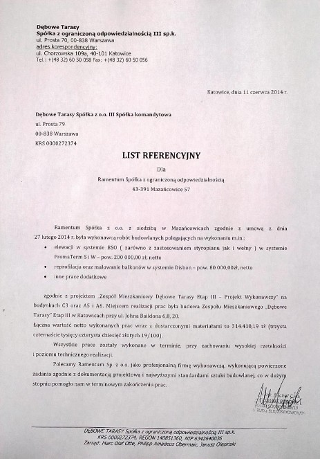 List referencyjny Dębowe Tarasy